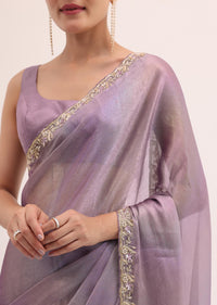 Purple Embroidered Chiffon Saree With Unstitched Blouse