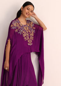 Purple Embroidered Chiffon Skirt And Cape