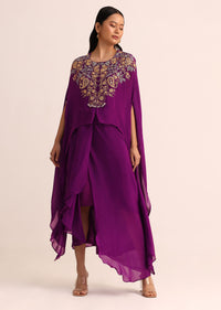 Purple Embroidered Chiffon Skirt And Cape