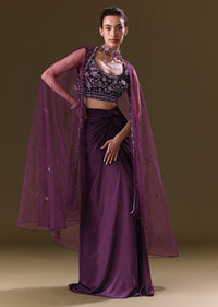 Purple Embroidered Drape Skirt With Embroidered Net Cape