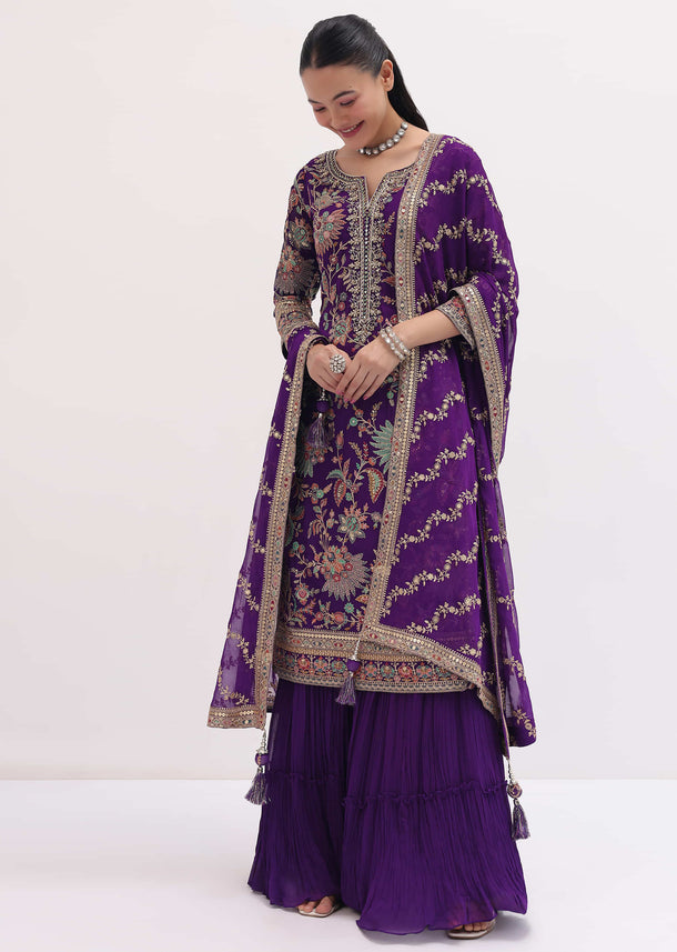 Purple Embroidered Georgette Kurta Sharara Set