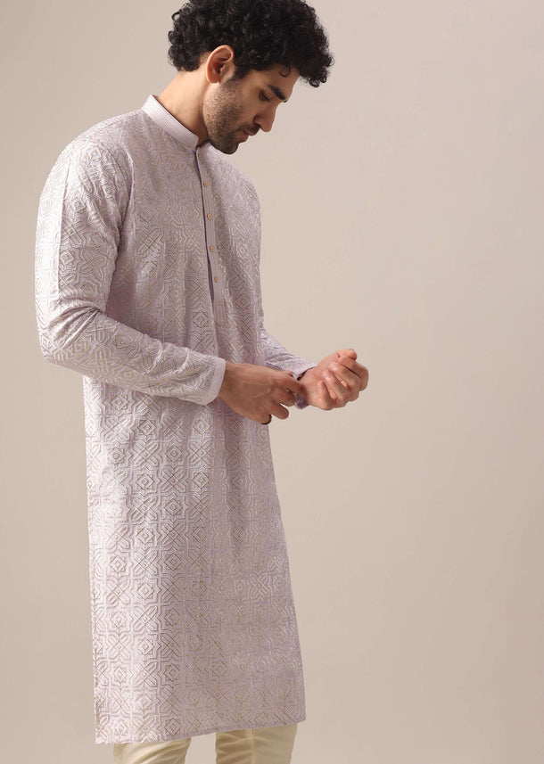 Purple Embroidered Kurta And Churidar In Silk