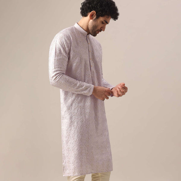 Purple Embroidered Kurta And Churidar In Silk