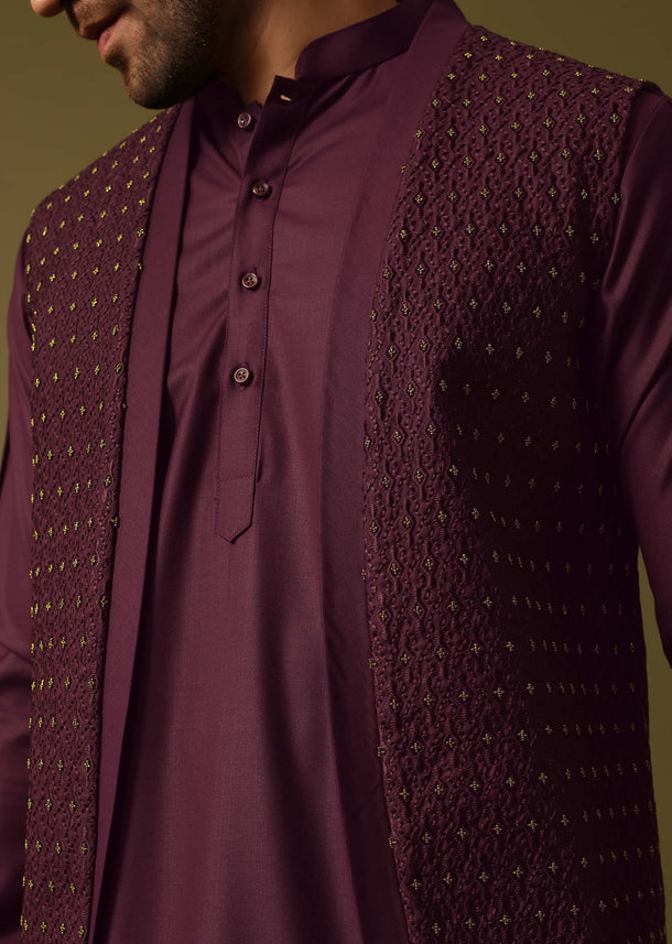 Purple Embroidered Kurta Jacket Set