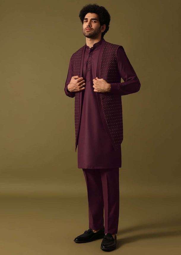 Purple Embroidered Kurta Jacket Set