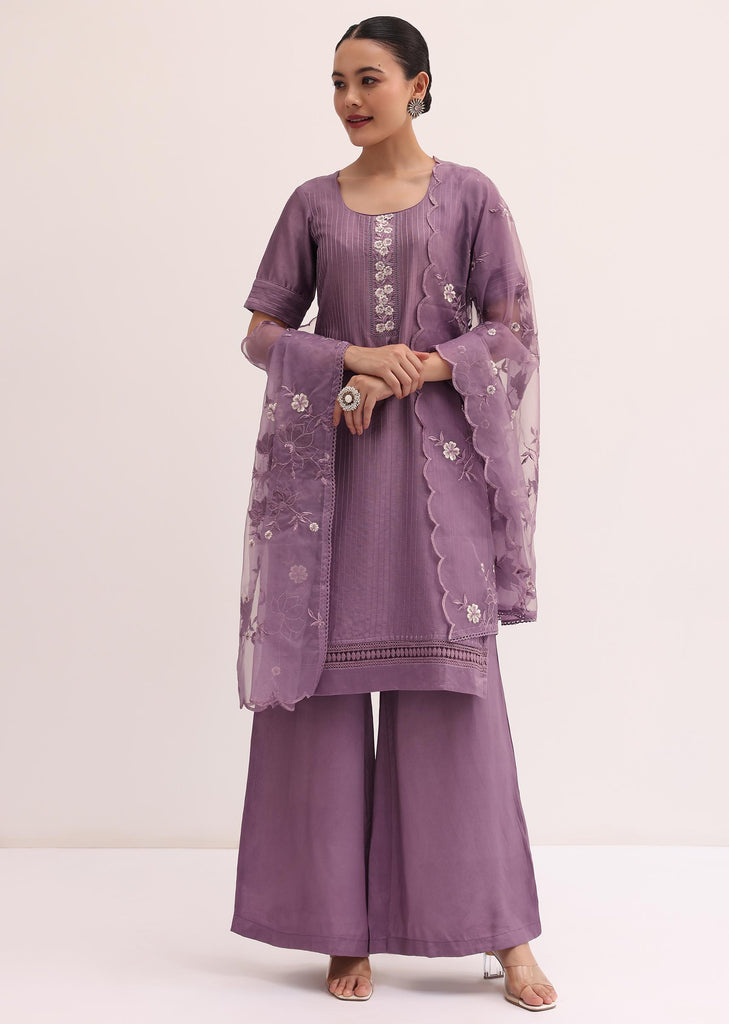 Purple Embroidered Kurta Palazzo Set