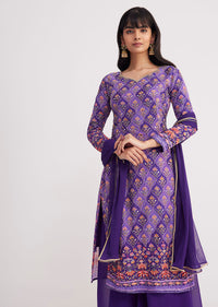 Purple Printed Mirror Work Kurta Set With Flared Palazzo