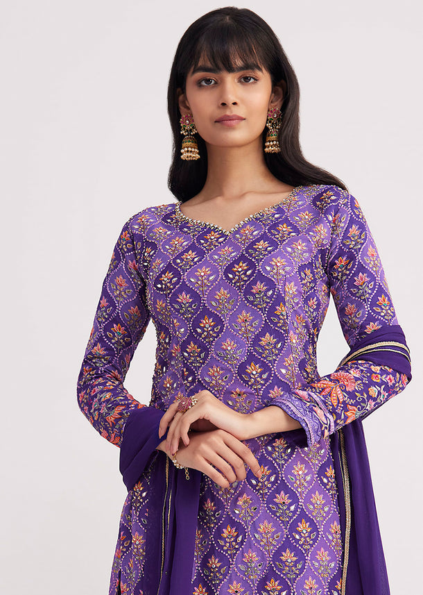 Purple Printed Mirror Work Kurta Set With Flared Palazzo