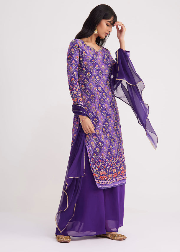 Purple Printed Mirror Work Kurta Set With Flared Palazzo