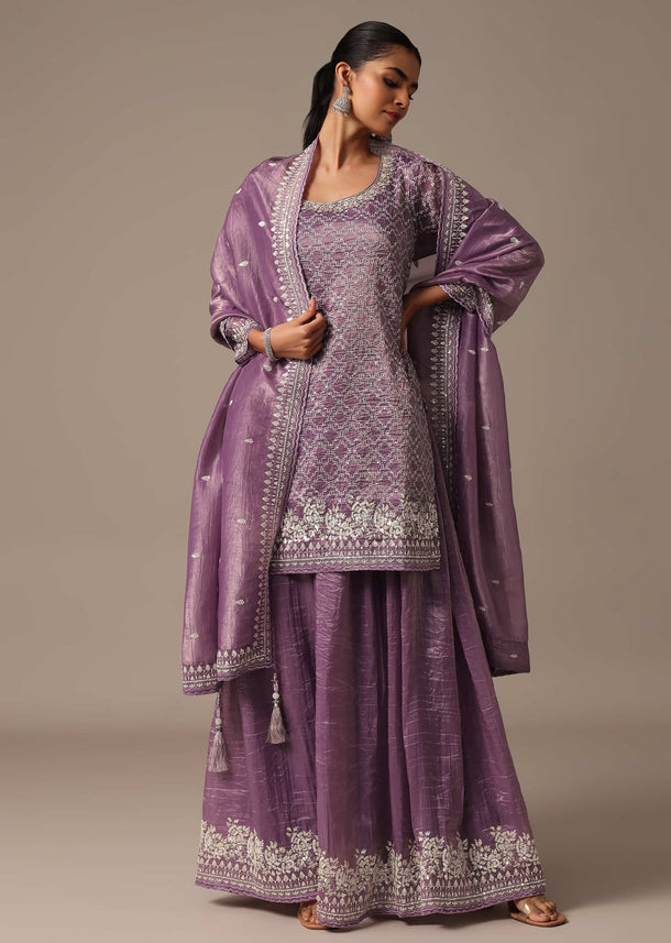 Purple Embroidered Kurta Palazzo Set With Dupatta