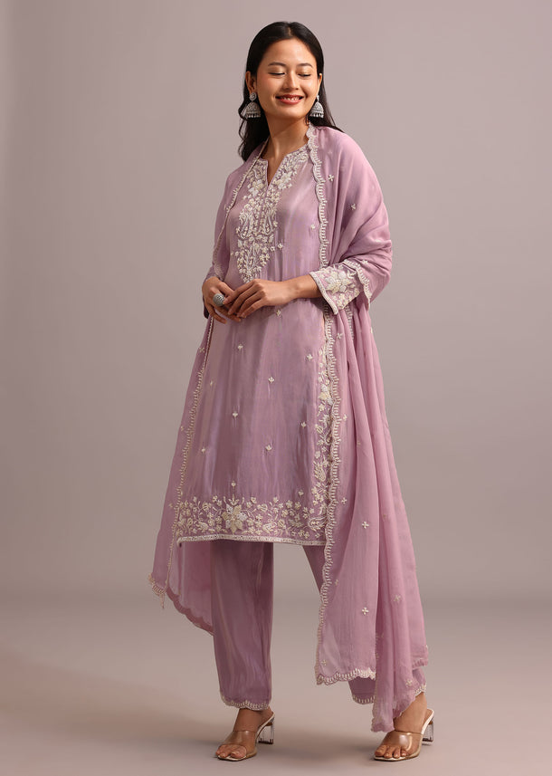 Purple Embroidered Kurta Set With Butti Work On Organza Dupatta