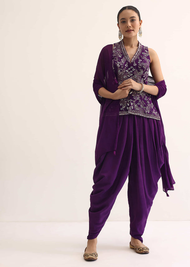 Purple Embroidered Kurti And Dhoti Set