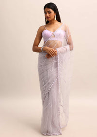 Purple Embroidered Net Saree With Unstitched Blouse