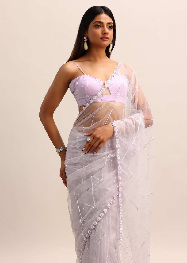 Purple Embroidered Net Saree With Unstitched Blouse