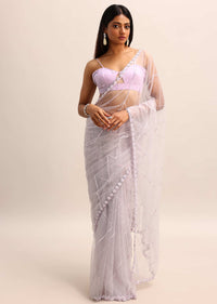 Purple Embroidered Net Saree With Unstitched Blouse