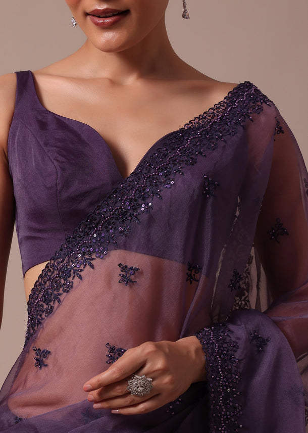 Purple Embroidered Organza Saree With Unstitched Blouse