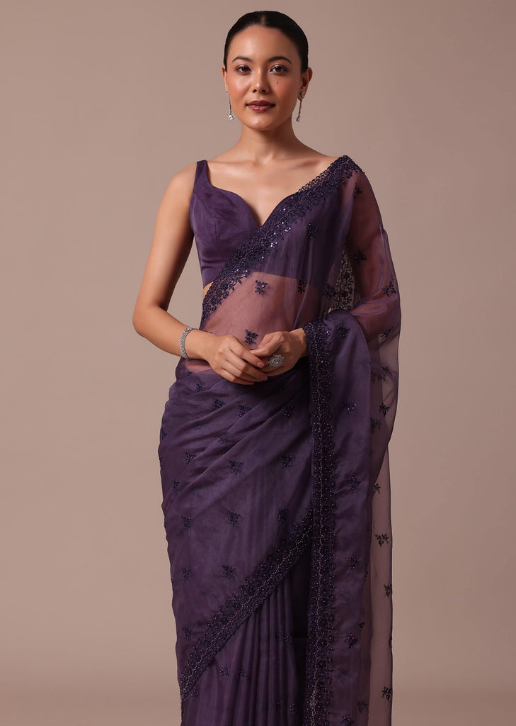 Purple Embroidered Organza Saree With Unstitched Blouse