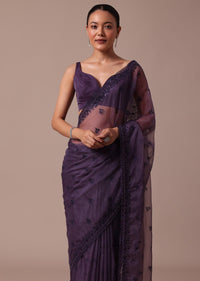 Purple Embroidered Organza Saree With Unstitched Blouse