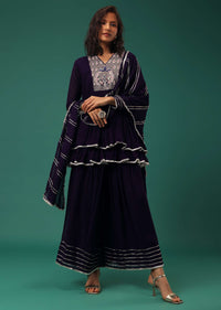 Purple Embroidered Palazzo Suit Set In Georgette With Double Peplum Top