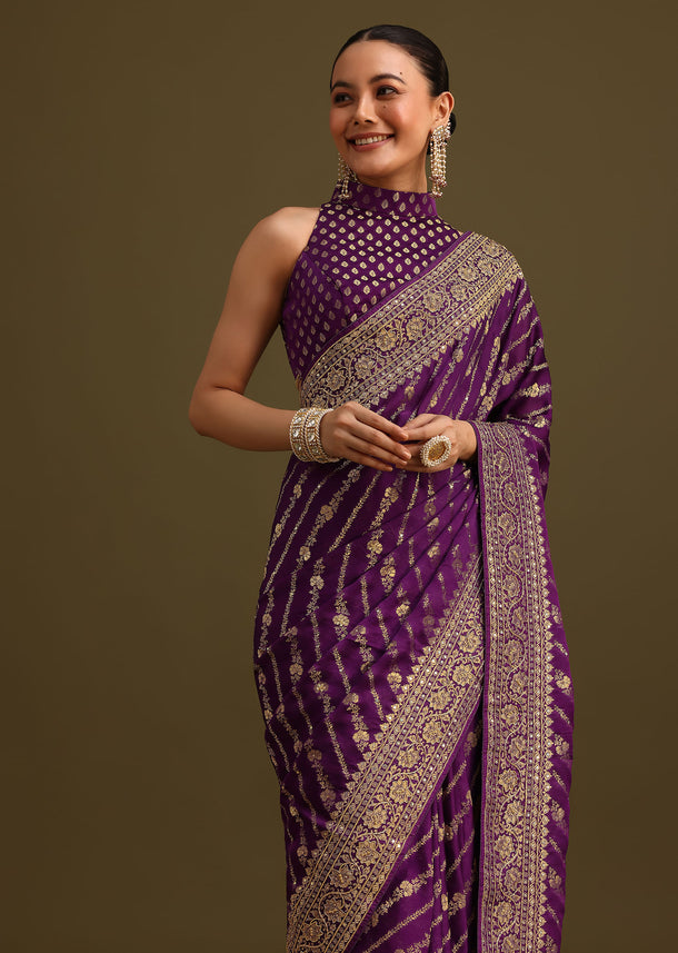 Purple Embroidered Saree With Zardosi And Cutdana Work