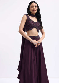 Purple Embroidered Silk Crop Top And Palazzo Set