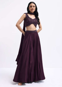 Purple Embroidered Silk Crop Top And Palazzo Set