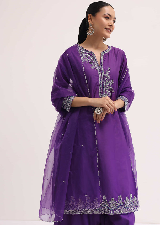 Purple Embroidered Silk Kurta Palazzo Set