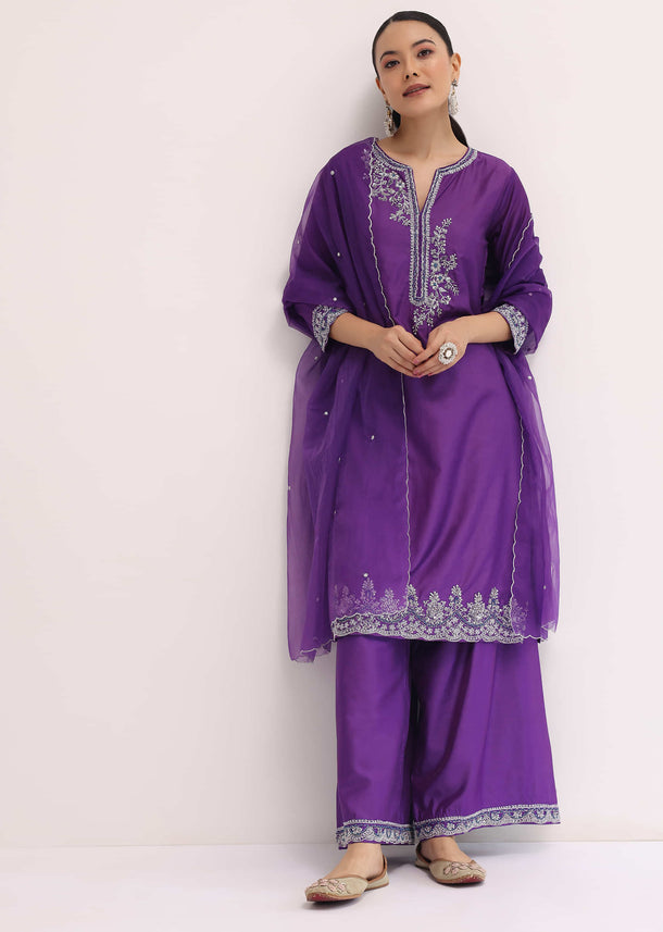 Purple Embroidered Silk Kurta Palazzo Set