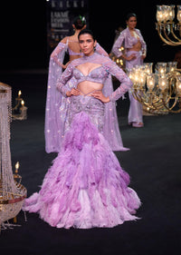 Purple Fish Cut Trail Skirt Lehenga Set with 3D Crystal And Feather Detailing