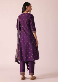 Purple Floral Print Kurta Set With Gota Lace Embroidery