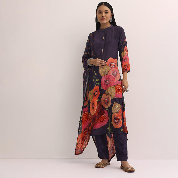 Purple Sequins Floral Kurta And Pant Set