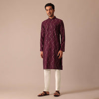 Wine Foil Printed Kurta And Pant Set In Silk