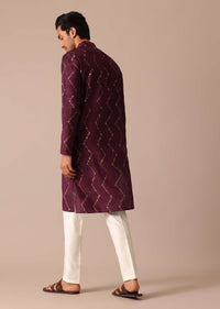 Wine Foil Printed Kurta And Pant Set In Silk