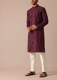 Wine Foil Printed Kurta And Pant Set In Silk