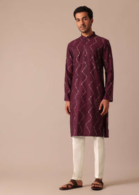 Wine Foil Printed Kurta And Pant Set In Silk