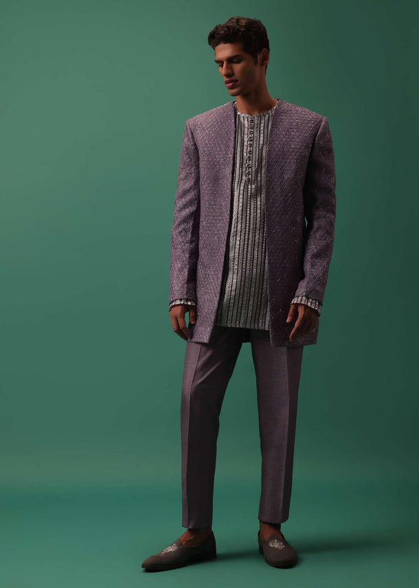 Purple Foil Striped Kurta And Pant Set With Hand-Highlighted Jacket