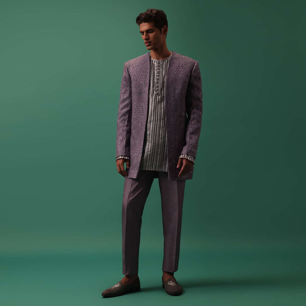 Purple Foil Striped Kurta And Pant Set With Hand-Highlighted Jacket