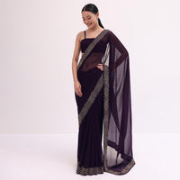 Purple Georgette Cut Work Saree With Unstitched Blouse