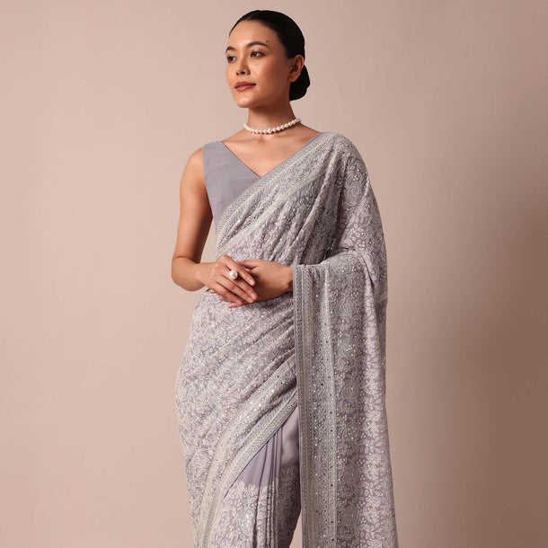 Purple Georgette Lucknowi Chikankari Sequin Saree With Unstitched Blouse Piece
