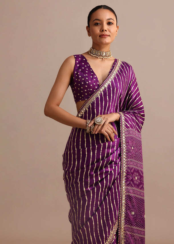 Purple Hand Dyed Lehriya Satin Saree With Gota Patti Work