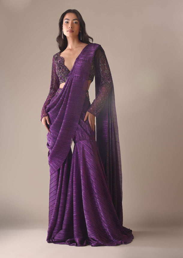 Purple Hand Embroidered Sharara And Blouse Set In Crushed Shimmer