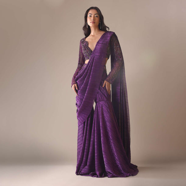 Purple Hand Embroidered Sharara And Blouse Set In Crushed Shimmer