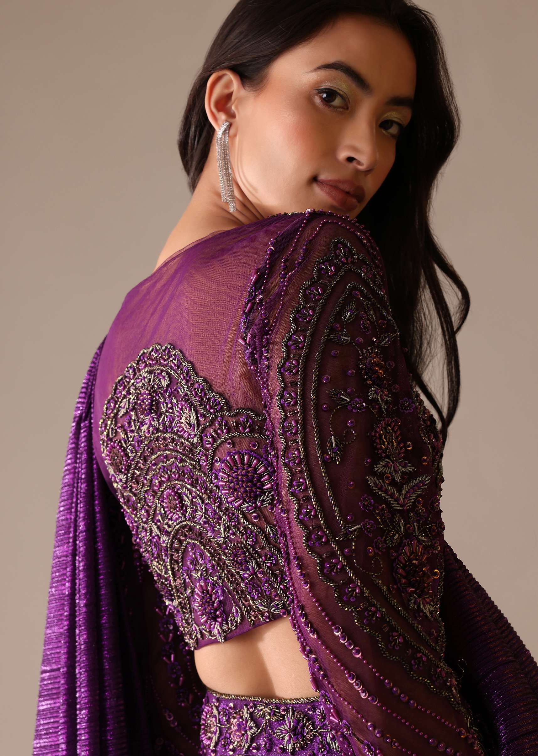 Purple Hand Embroidered Sharara And Blouse Set In Crushed Shimmer