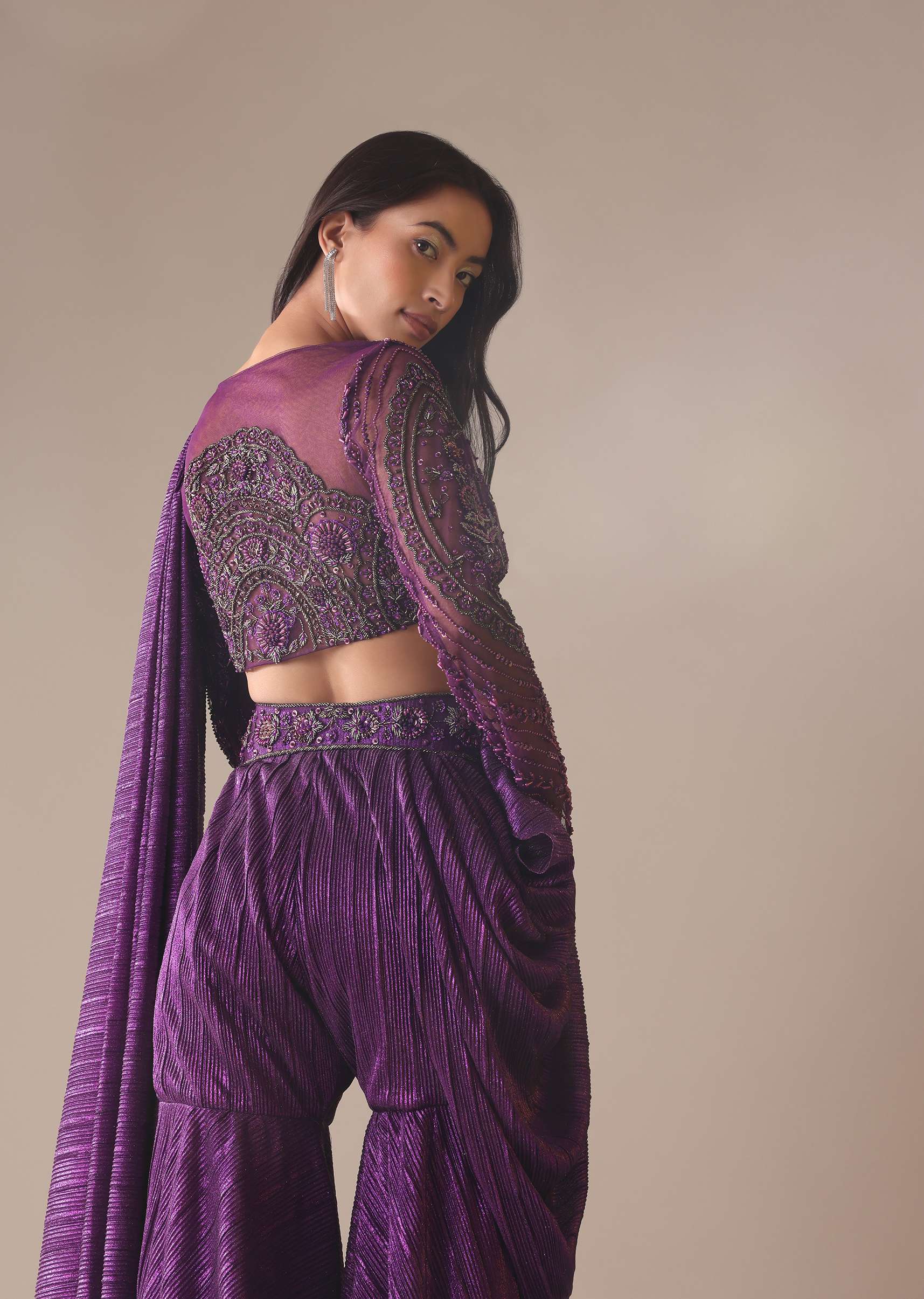 Purple Hand Embroidered Sharara And Blouse Set In Crushed Shimmer