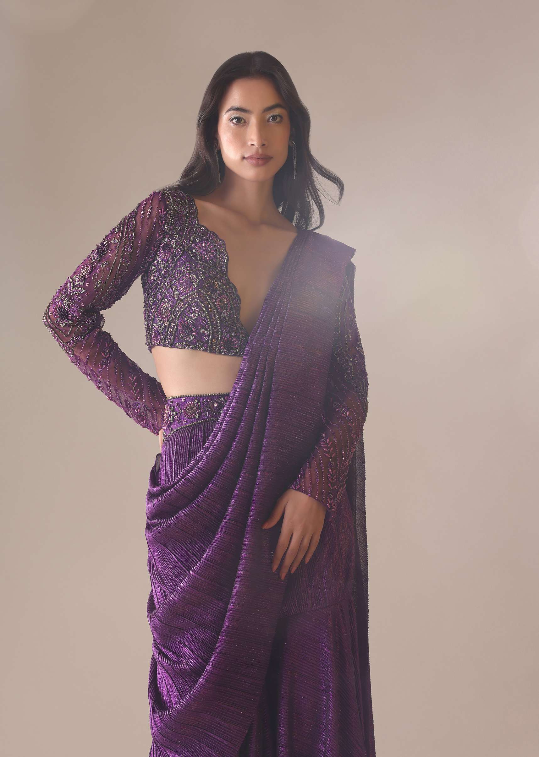 Purple Hand Embroidered Sharara And Blouse Set In Crushed Shimmer