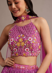 Purple Hand Embroidered Choli With Bandhani Print Lehenga And Choker Net Dupatta
