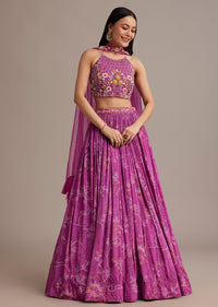 Purple Hand Embroidered Choli With Bandhani Print Lehenga And Choker Net Dupatta