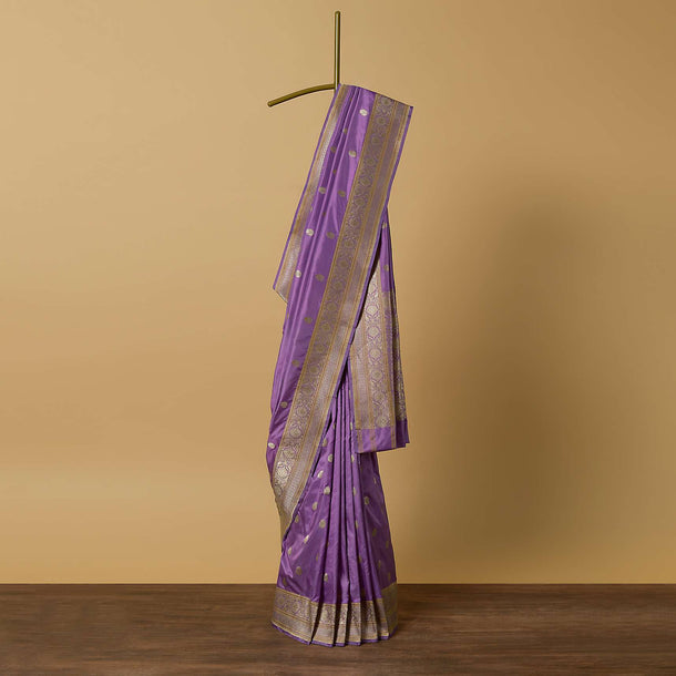Purple Handloom Banarasi Katan Silk Saree With Zari Weave And Unstitched Blouse Piece