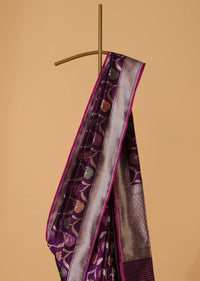 Purple Handloom Banarasi Saree In Uppada Silk With Meenakari Jaal Work And Unstitched Blouse