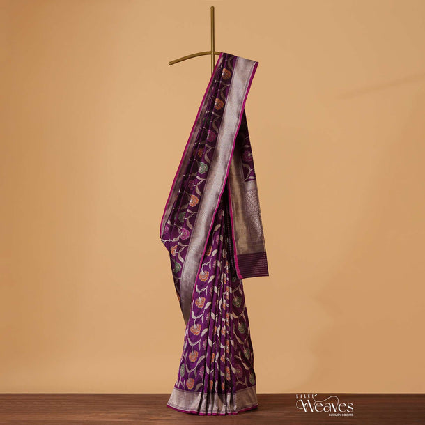 Purple Handloom Banarasi Saree In Uppada Silk With Meenakari Jaal Work And Unstitched Blouse